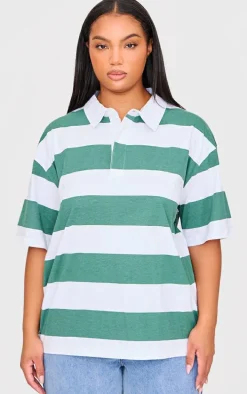 Plus Green Chunky Striped Collared Oversized T Shirt