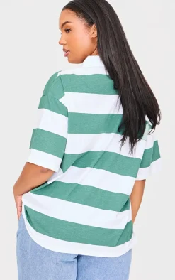 Plus Green Chunky Striped Collared Oversized T Shirt