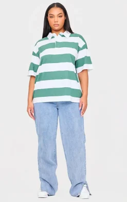 Plus Green Chunky Striped Collared Oversized T Shirt