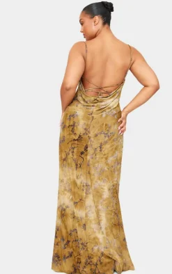 Plus Green Devore Cowl Neck Lace Up Back Maxi Dress