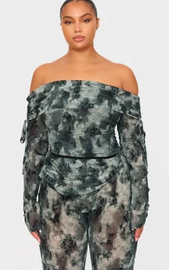 Plus Green Devore Mesh Foldover Long Sleeve Top