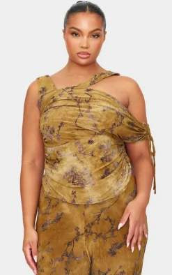 Plus Green Devore Ruched Bardot Detail Top