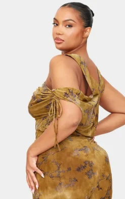 Plus Green Devore Ruched Bardot Detail Top