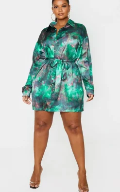Plus Green Flame Tie Dye Printed Tie Waist Shirt Dress