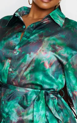 Plus Green Flame Tie Dye Printed Tie Waist Shirt Dress