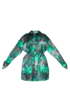 Plus Green Flame Tie Dye Printed Tie Waist Shirt Dress