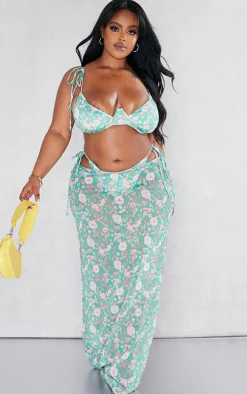 Plus Green Floral Chiffon Maxi Beach Skirt
