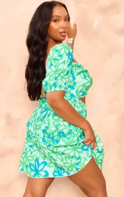 Plus Green Floral Print Puff Sleeve Cinched Waist Mini Dress