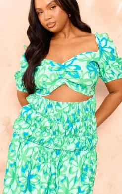 Plus Green Floral Print Puff Sleeve Cinched Waist Mini Dress