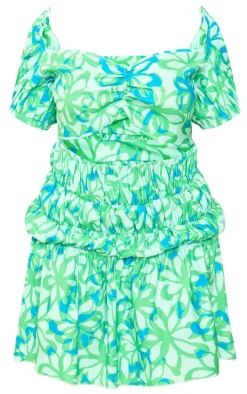 Plus Green Floral Print Puff Sleeve Cinched Waist Mini Dress