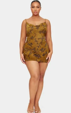 Plus Green Floral Printed Devore Cowl Neck Shift Dress