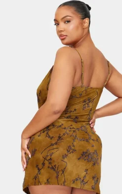 Plus Green Floral Printed Devore Cowl Neck Shift Dress