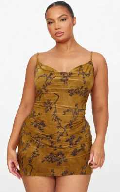 Plus Green Floral Printed Devore Cowl Neck Shift Dress
