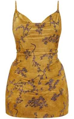 Plus Green Floral Printed Devore Cowl Neck Shift Dress