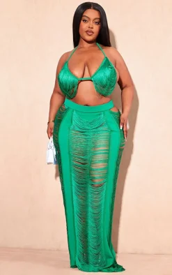 Plus Green Fringed Maxi Skirt
