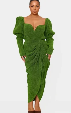Plus Green Glitter Plisse Puff Sleeve V Bar Draped Midi Dress