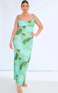 Plus Green Green Abstract Print Plisse Strappy Maxi Dress
