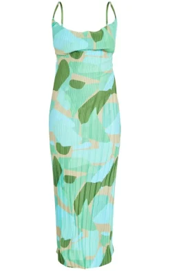 Plus Green Green Abstract Print Plisse Strappy Maxi Dress