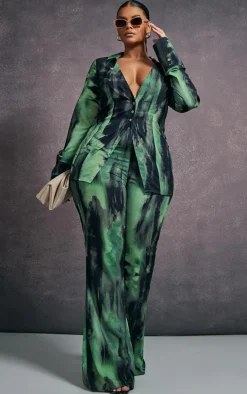 Plus Green Grunge Print Chiffon Flare Pants