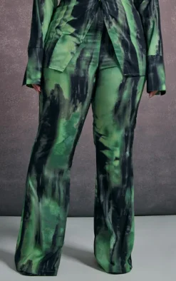Plus Green Grunge Print Chiffon Flare Pants