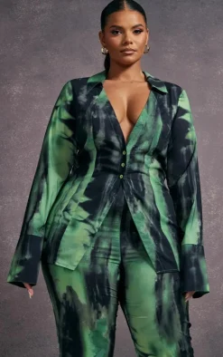 Plus Green Grunge Print Chiffon Fitted Shirt