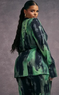 Plus Green Grunge Print Chiffon Fitted Shirt