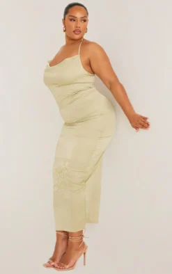 Plus Green Halterneck Satin Embroidered Maxi Dress