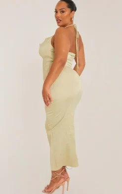 Plus Green Halterneck Satin Embroidered Maxi Dress