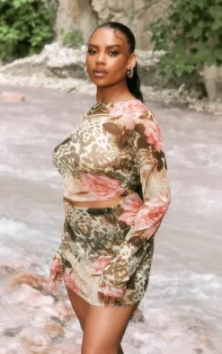 Plus Green Leopard Print Mesh Mini Skirt