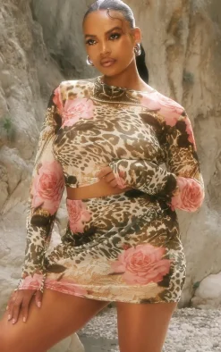 Plus Green Leopard Print Mesh Mini Skirt