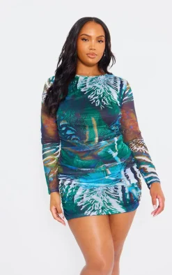 Plus Green Print Ruched Detail Bodycon Dress