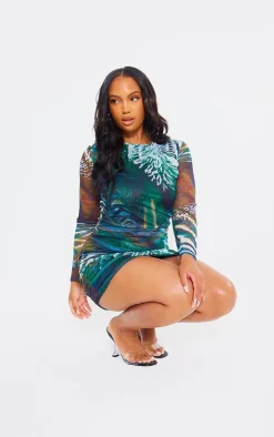 Plus Green Print Ruched Detail Bodycon Dress