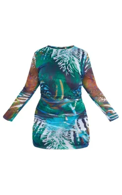 Plus Green Print Ruched Detail Bodycon Dress