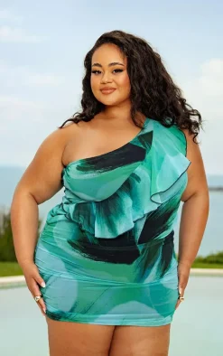 Plus Green Printed Bandeau Frill Bodycon Dress