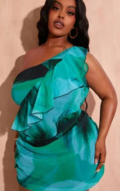 Plus Green Printed Bandeau Frill Bodycon Dress