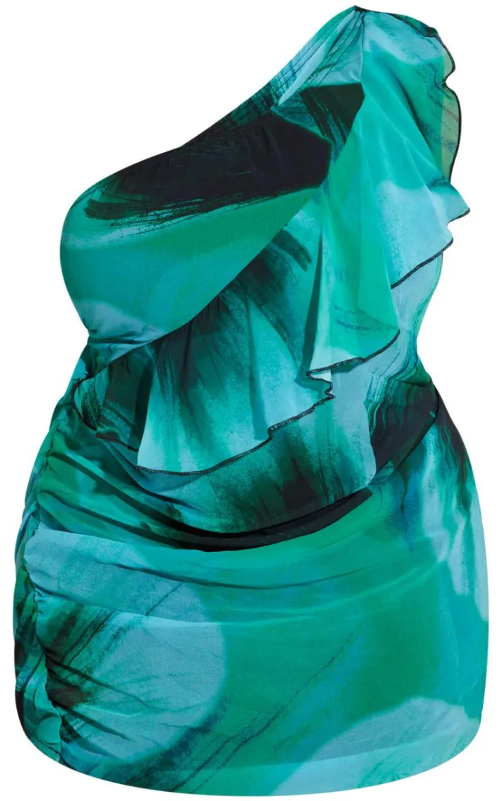 Plus Green Printed Bandeau Frill Bodycon Dress