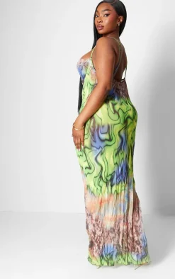 Plus Green Printed Crinkle Mesh Cowl Neck Maxi Dress