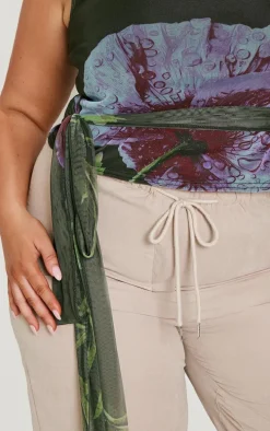 Plus Green Printed Mesh Tie Detail Boat Neck Top