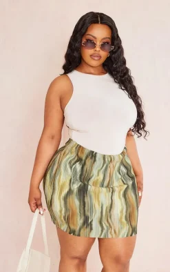 Plus Green Printed Plisse Micro Mini Skirt