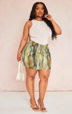 Plus Green Printed Plisse Micro Mini Skirt