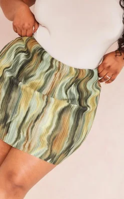 Plus Green Printed Plisse Micro Mini Skirt