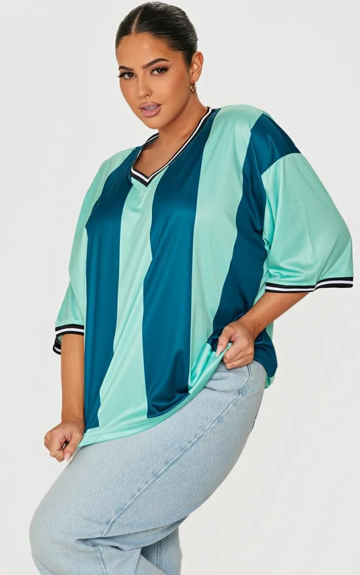 Plus Green Striped V Neck Oversized Football T Shirt
