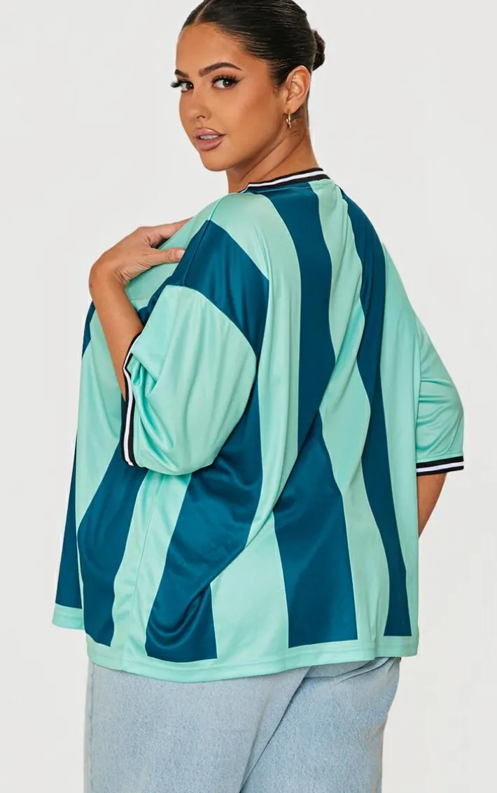 Plus Green Striped V Neck Oversized Football T Shirt