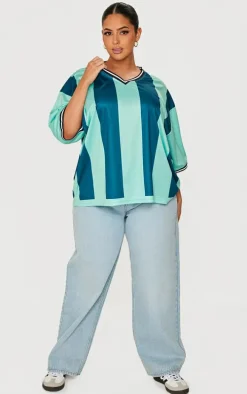 Plus Green Striped V Neck Oversized Football T Shirt