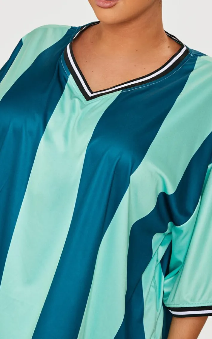 Plus Green Striped V Neck Oversized Football T Shirt