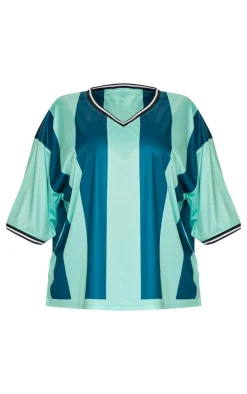 Plus Green Striped V Neck Oversized Football T Shirt