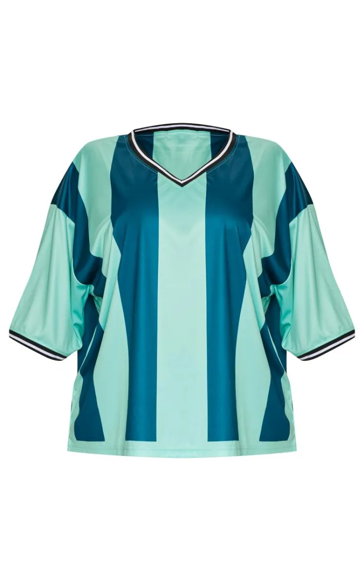 Plus Green Striped V Neck Oversized Football T Shirt