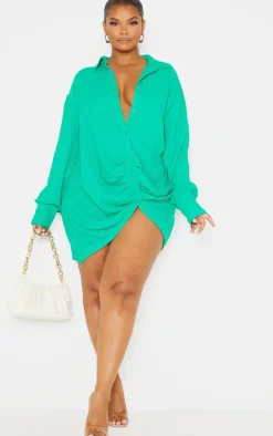 Plus Green Textured Gathered Detail Long Sleeve Shirt Dress