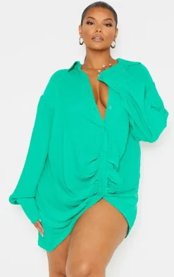 Plus Green Textured Gathered Detail Long Sleeve Shirt Dress