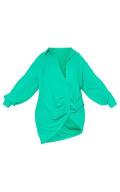 Plus Green Textured Gathered Detail Long Sleeve Shirt Dress